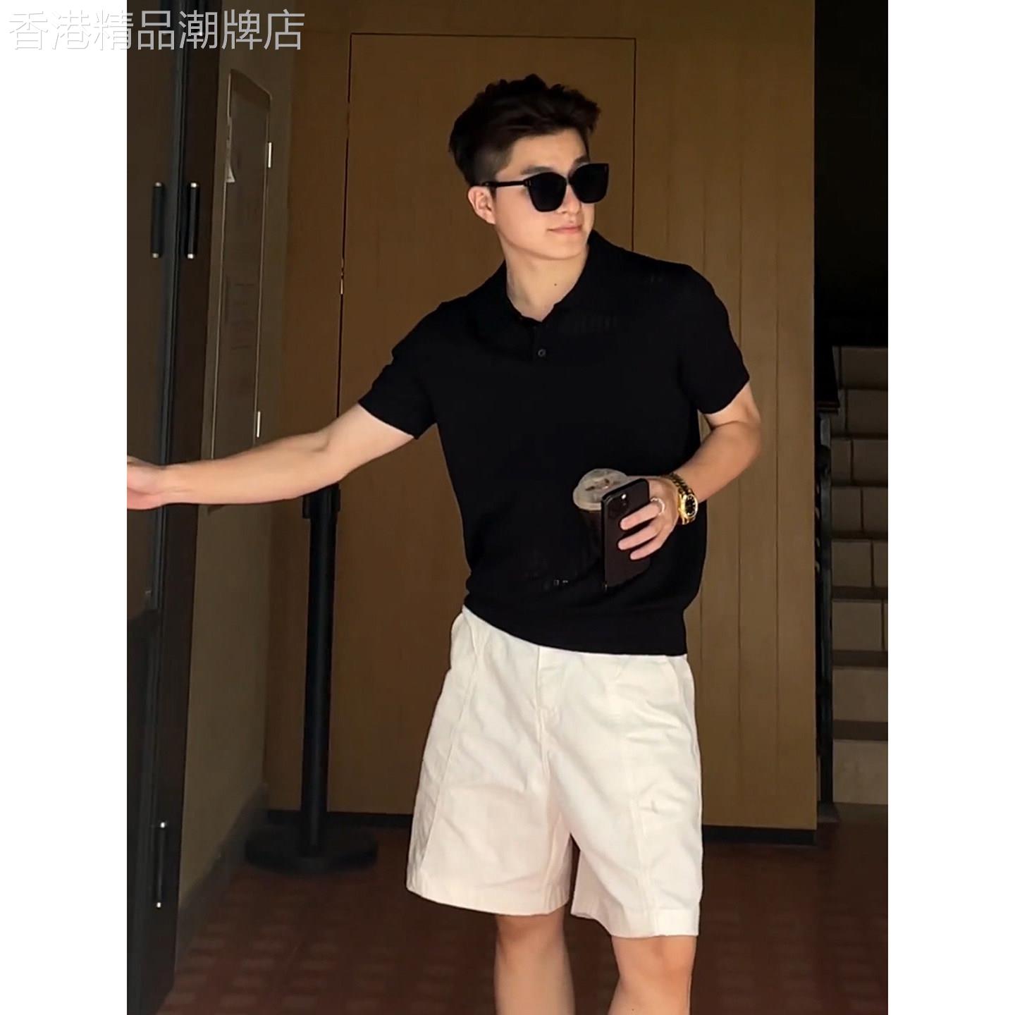 韩国Uamtor套装男士夏季美式亨利领针织短袖polo衫贵气老钱风亚麻
