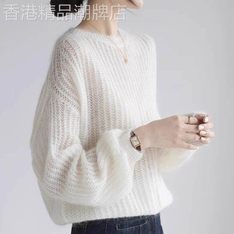 慵懒风针织衫女春秋2025新款法式气质镂空宽松软糯薄款圆领毛衣女
