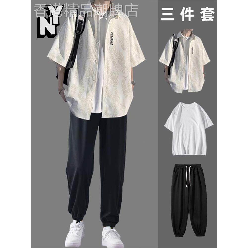 NY日系短袖衬衫休闲套装男士夏季高级感一套搭配痞帅气百搭三件套