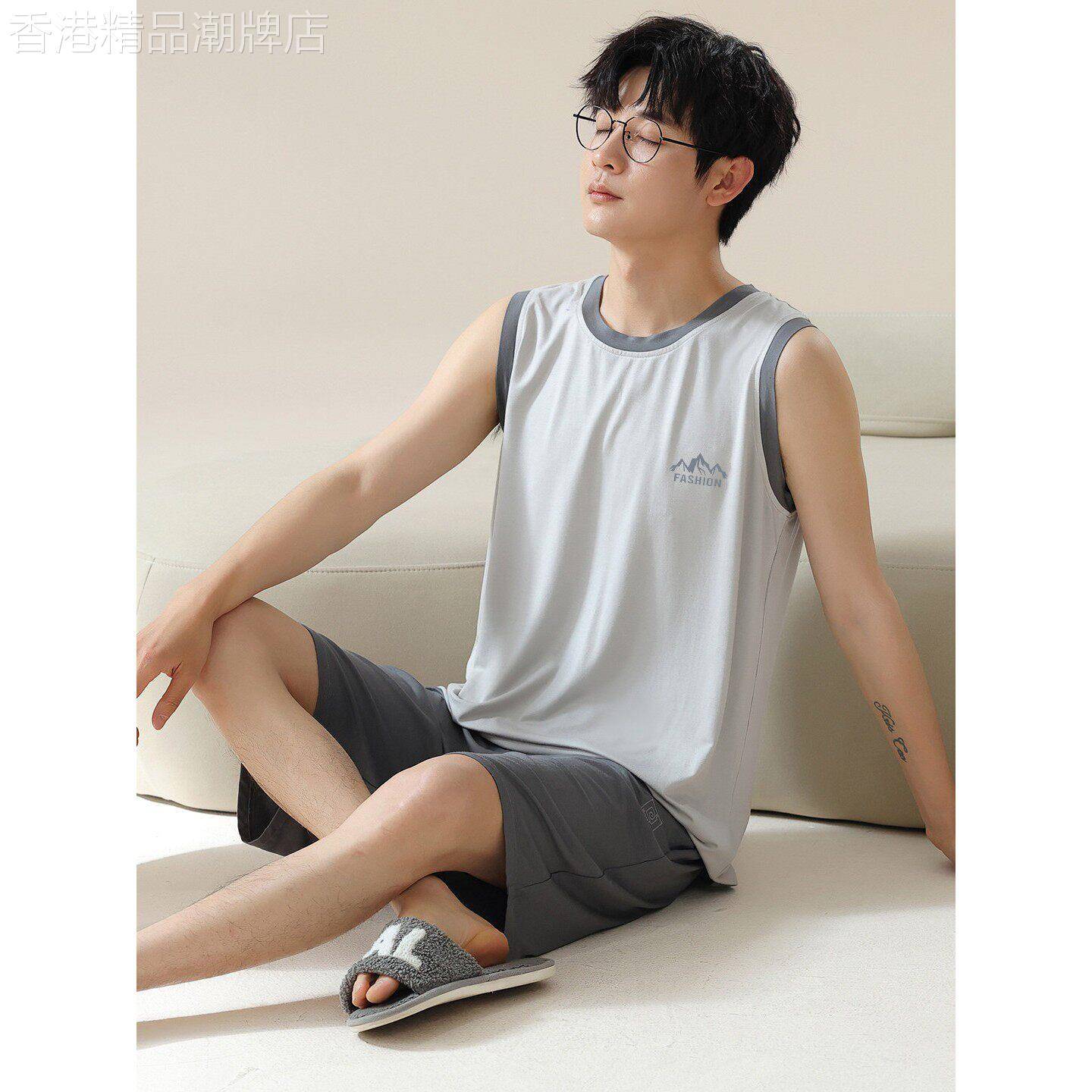 日本冰丝莫代尔睡衣亲肤透气男士夏季无袖背心短裤休闲居家服套装