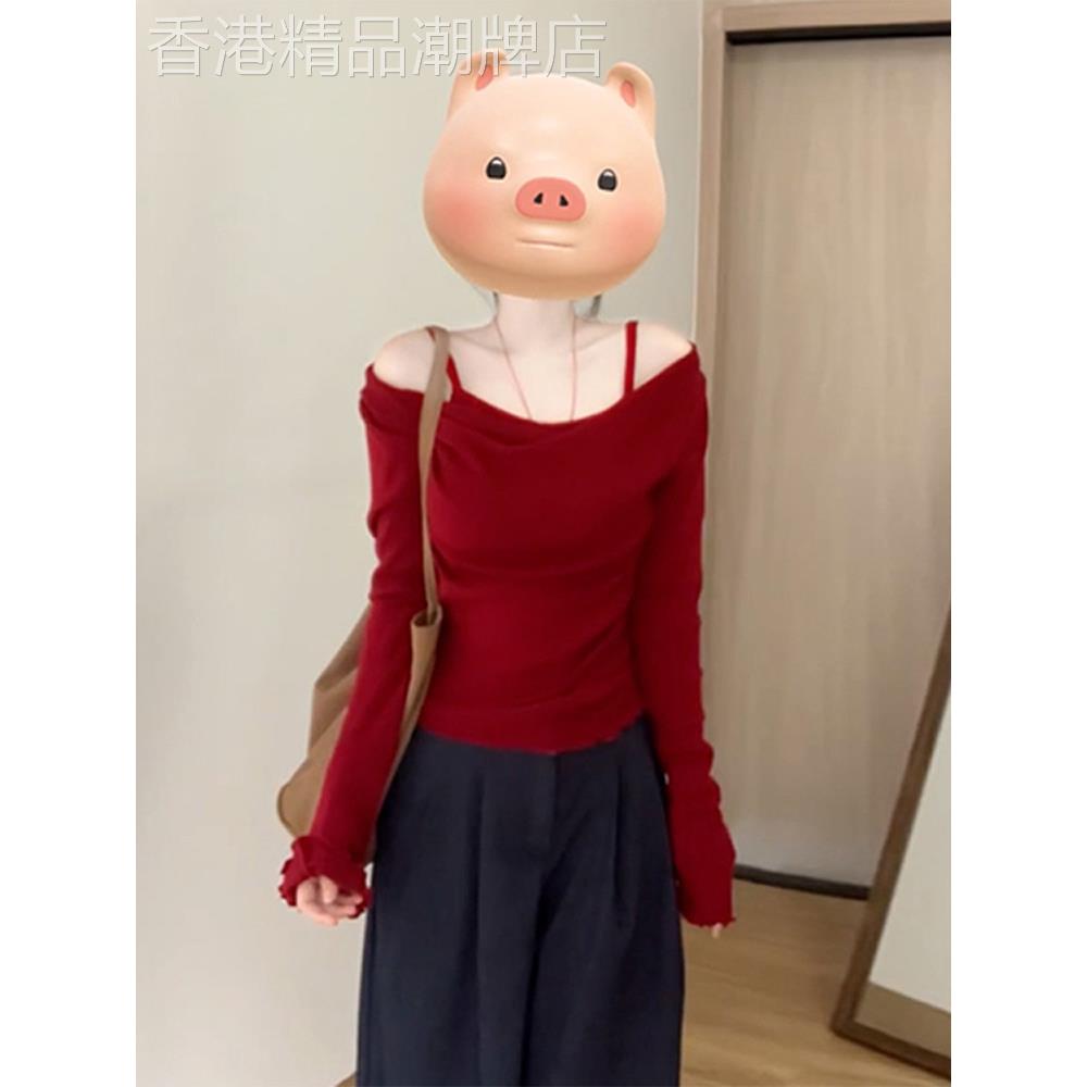 覆古红色设计感假两件长袖t恤女春季2025新款法式一字肩针织上衣