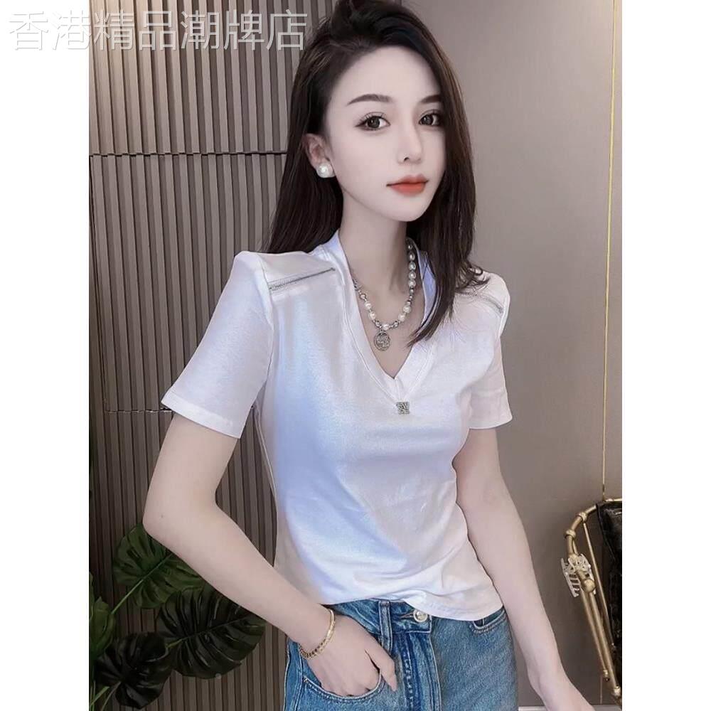 白色V领正肩短袖T恤女夏季欧洲站拉链设计感收腰显瘦百搭短款上衣