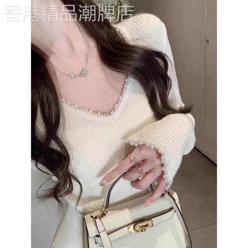 白色v领针织衫女2025秋季短款修身内搭毛衣纯欲风钉珠低领打底衫