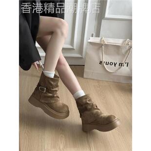 香港真皮厚底增高勃肯鞋短靴子女秋冬季新款秋棕色爆款中筒马丁靴