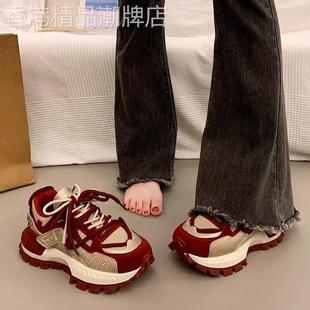 香港真皮厚底红色老爹鞋女2025秋冬季新款加绒增高软底休闲运动鞋