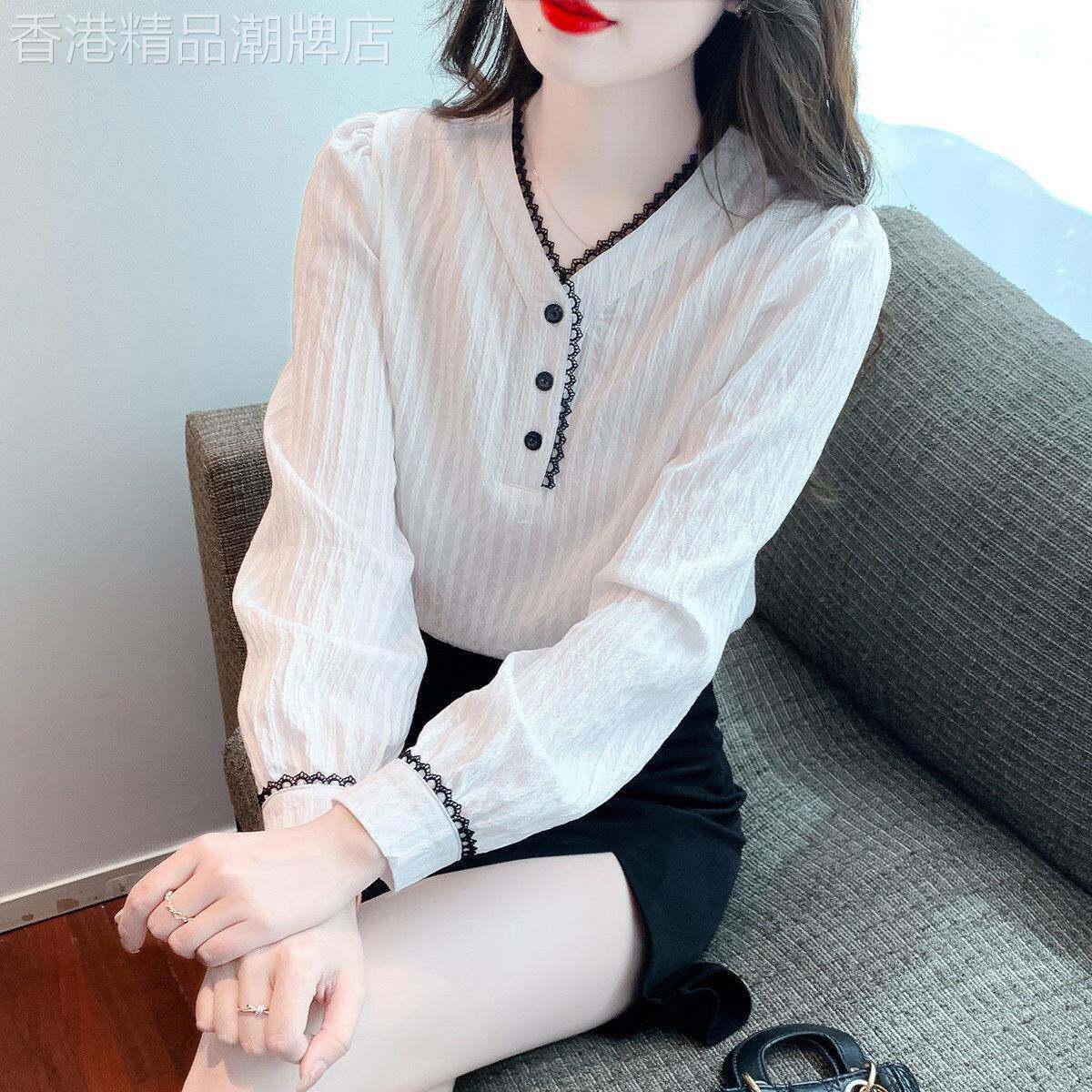 白色雪纺衬衫女春秋装2026年新款时尚洋派小衫长袖V领打底衫上衣