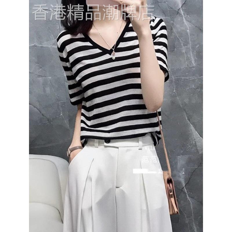 条纹短袖女式夏季宽松纯棉V领针织底衫上衣女式纤细t恤
