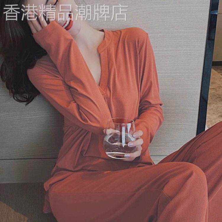 莫代尔带胸垫V领睡衣女春季薄款可外穿宽松长袖长裤家居服两件套