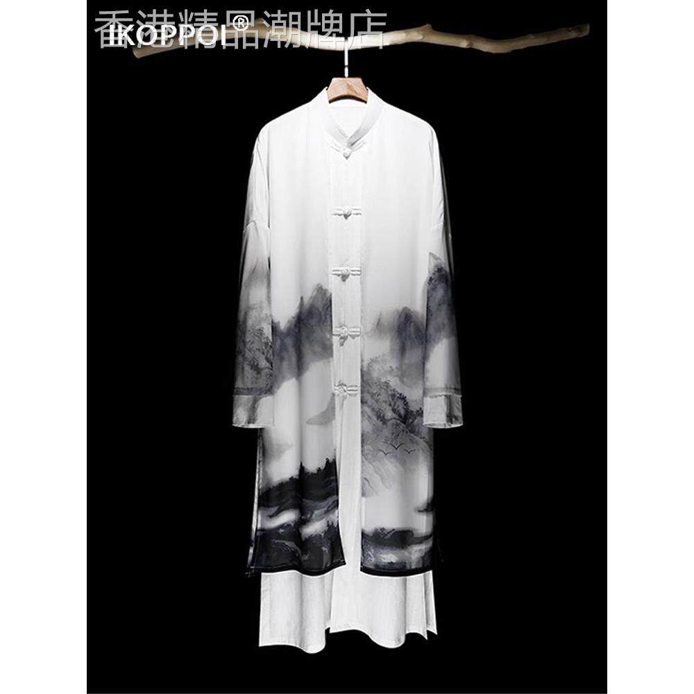 古风飘逸长袍男士夏季棉麻汉服舞蹈仙气演出服中式扎染假两件外套