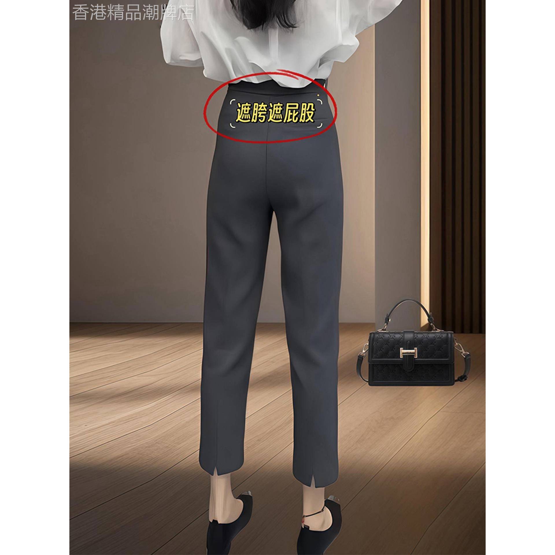 灰色直筒西装休闲裤女秋季2025新款高腰开叉显瘦小个子九分烟管裤