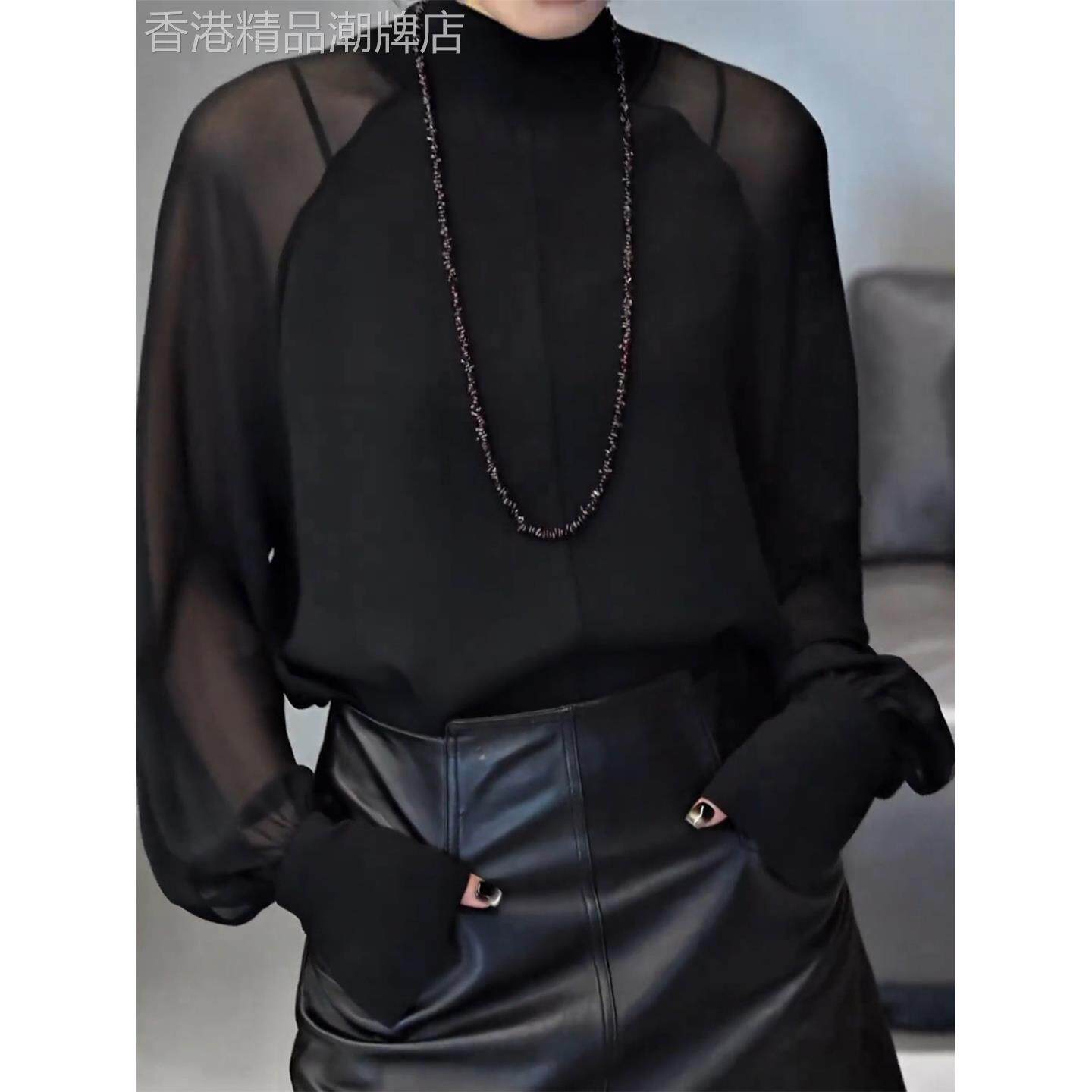 黑色气质简约半高领设计感长袖T恤女秋季新款高级感小众百搭上衣