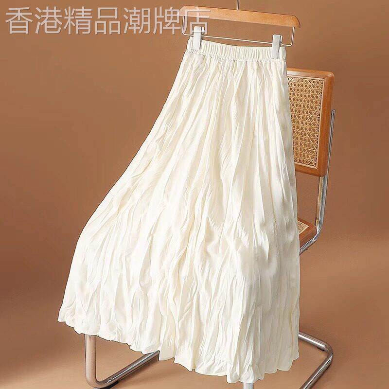 韩版杏色高腰褶皱半身裙女2025年夏季大摆伞裙中长款百褶裙a字裙