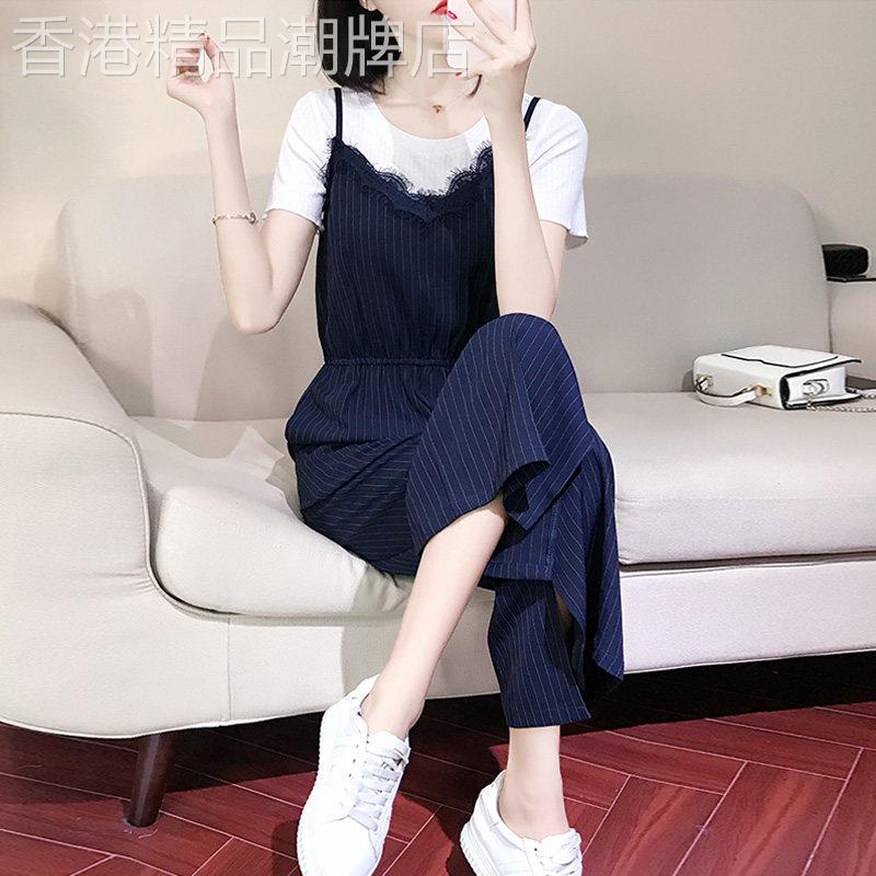 夏季套装女夏2026新款韩版时尚纯棉短袖阔腿背带裤大码宽松两件套