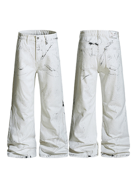 Goinsk 阔腿牛仔裤男女春季款泼墨涂鸦白牛裤子宽松直筒休闲长裤