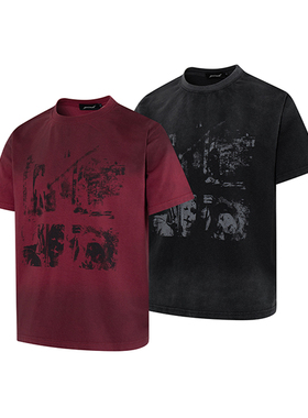 Goinsk 做旧洗水渐变印花短袖男女款春夏季T恤复古宽松重磅打底衫