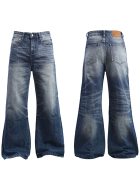 Goinsk 水洗蓝阔腿牛仔裤男女春季猫须肌理裤子美式宽松显瘦长裤