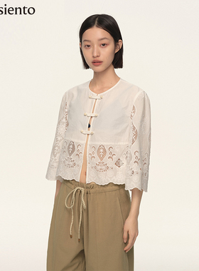 me siento 双头盘扣圆领重工蕾丝刺绣衬衫上衣