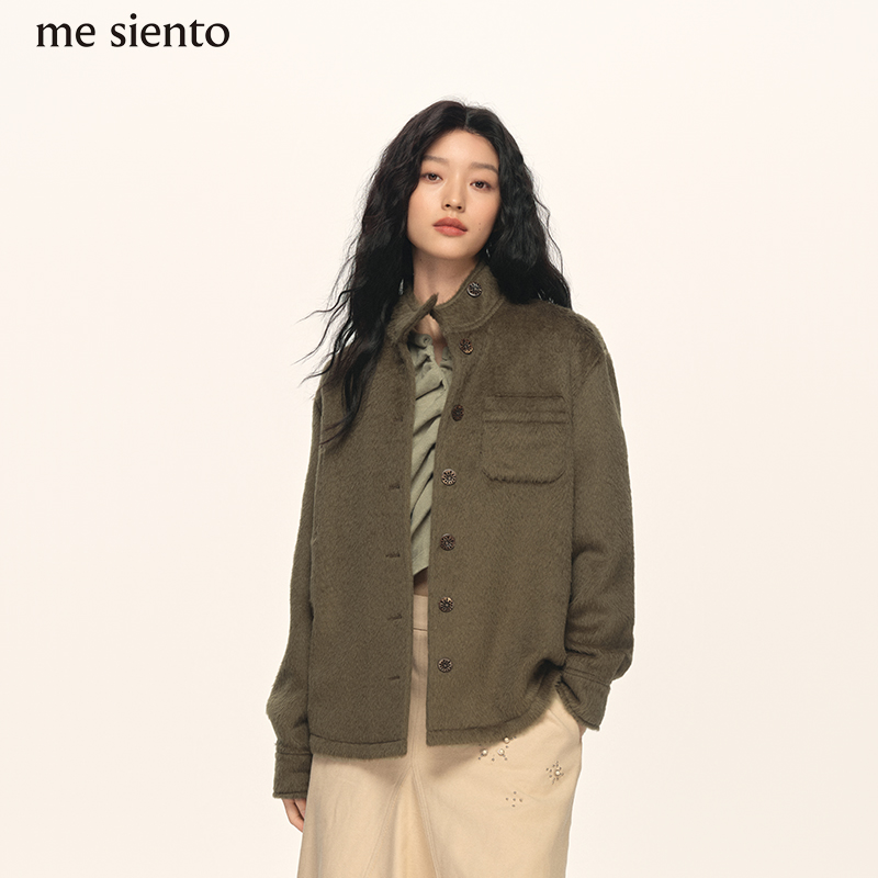 me siento 25FW卡其棕立领不对称门襟绵羊毛长袖衬衫上衣外套