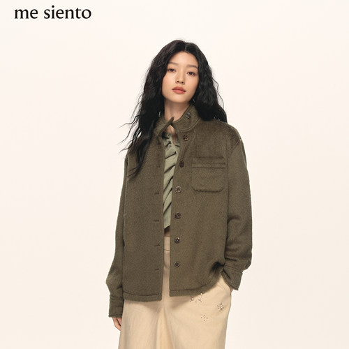 me siento 卡其棕立领不对称门襟绵羊毛长袖衬衫上衣外套