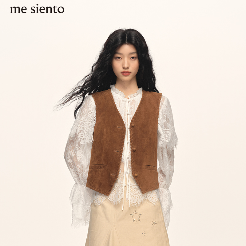 【明星同款】me siento 25FW玳瑁棕羊皮革修身短款皮马甲外套上衣