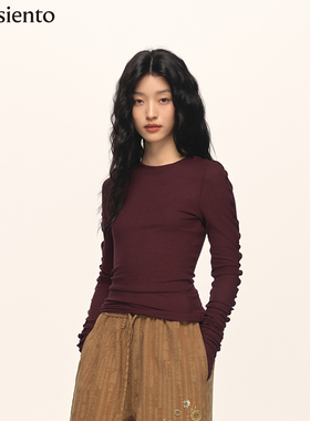 【明星同款】me siento 莱赛尔混纺波浪边密拷针织长袖T恤打底衫