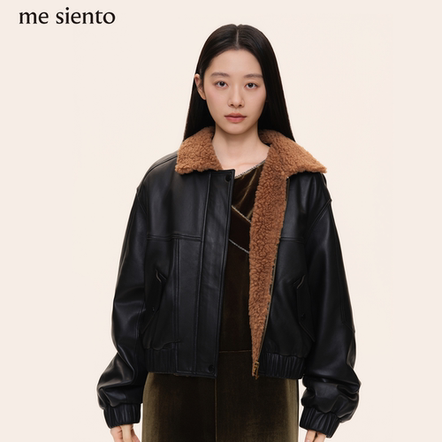 me siento 26AW 工装感羊羔毛领落肩短款皮衣