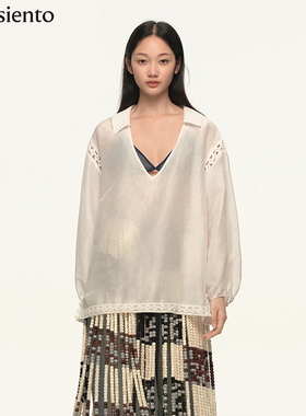 【李溪芮同款】me siento 雪白色大领口V领花边拼接长袖衬衫