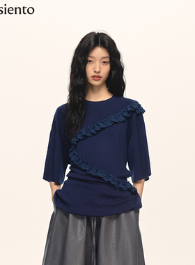 me siento 25AW纯羊毛不规则钩花立体花边宽松圆领短袖T恤