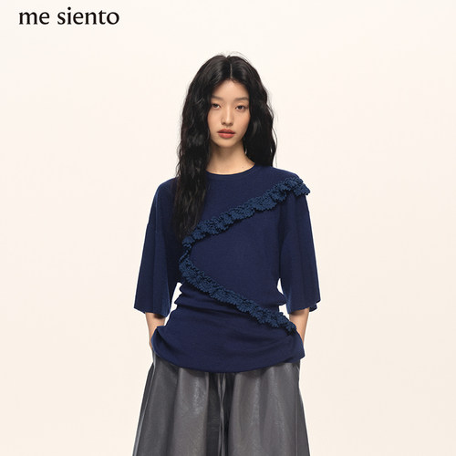 me siento 纯羊毛不规则钩花立体花边宽松圆领短袖T恤