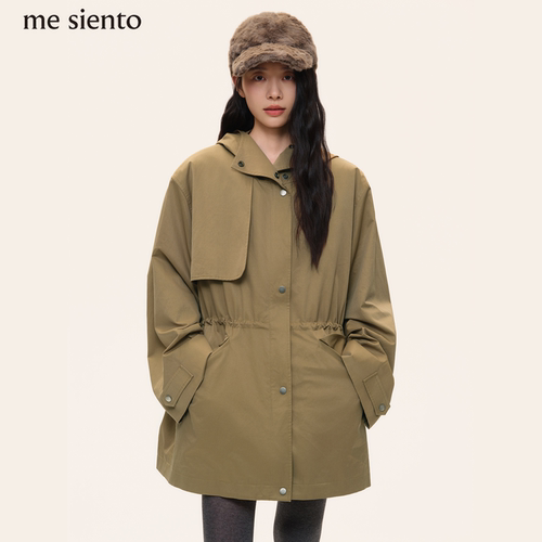 me siento 26AW 休闲连帽抽绳收腰棉服卡其色中长款风衣外套