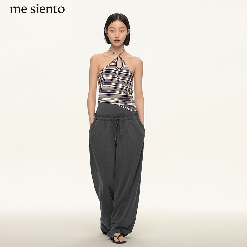 me siento 湍流灰宽松高腰松紧系带休闲裤