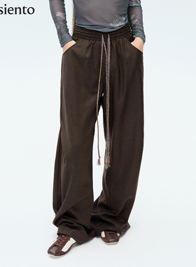 me siento 深棕绵羊毛抽绳直筒高腰显瘦休闲长裤女