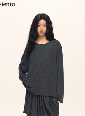 【张淼怡同款】me siento 纯色宽松绵羊毛针织长袖T恤