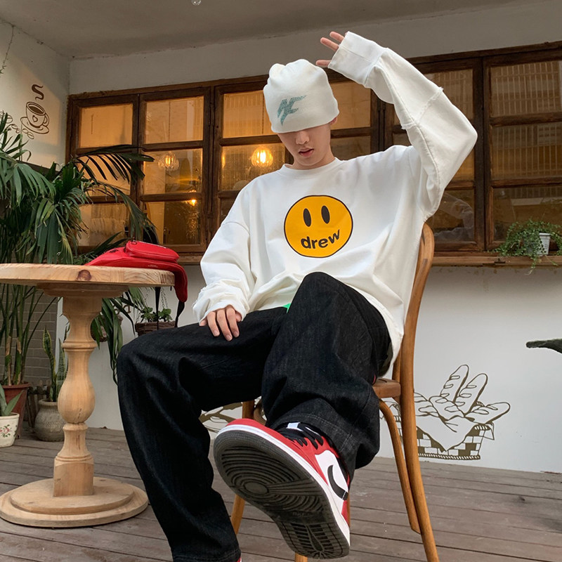 DREW BIEBER笑脸美式潮牌男女情侣明星秋冬季长袖加绒圆领卫衣