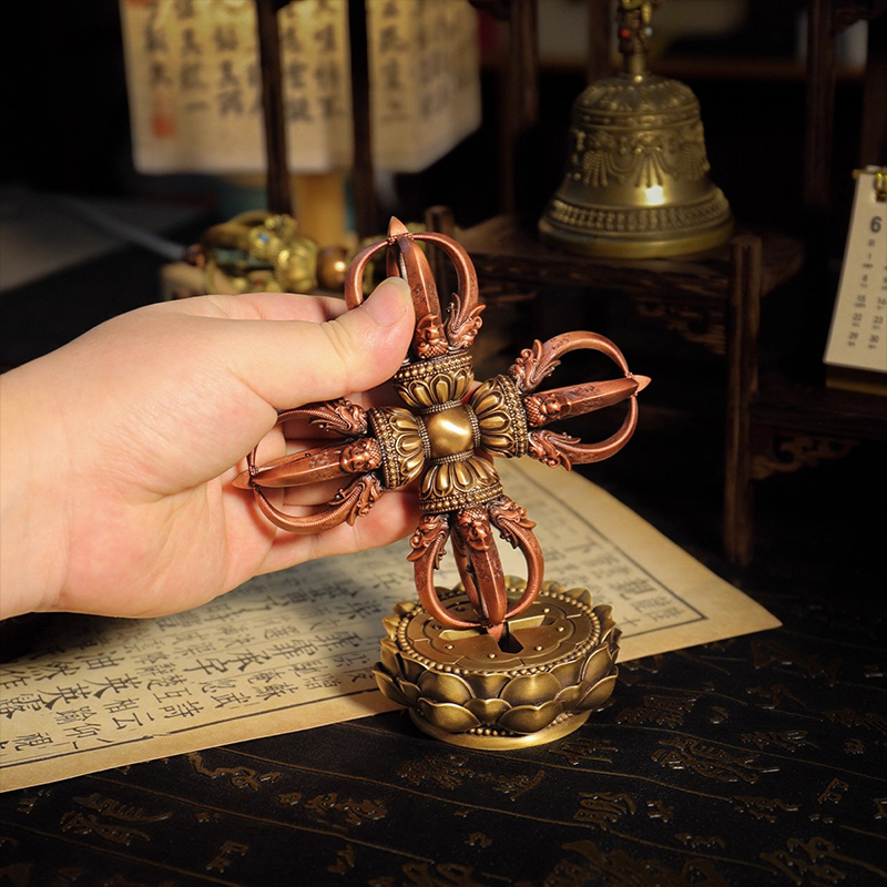 藏式铜十字金刚杵五股杵仿尼泊尔工艺降魔杵带底座家居供奉摆件