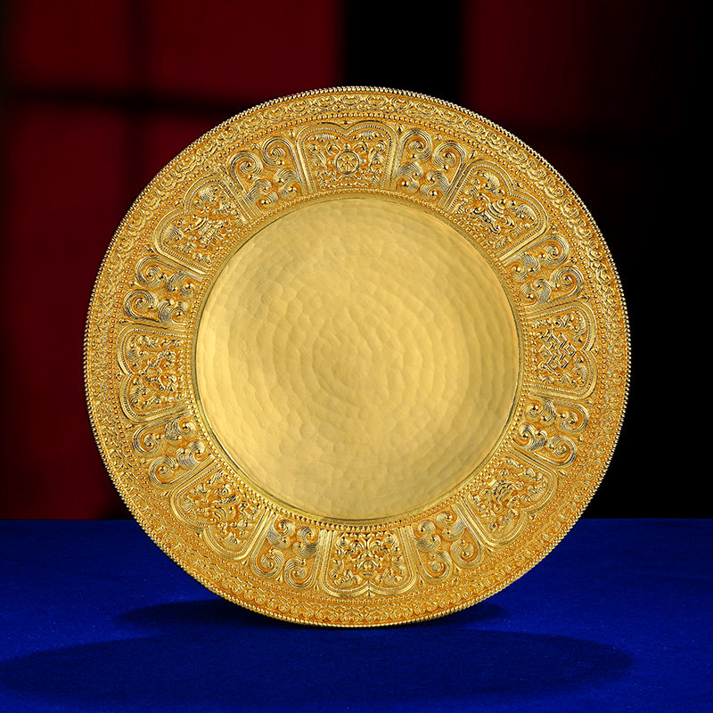 S990纯银镀金曼扎盘托盘曼茶盘底盘八吉祥托盘曼扎托盘10cm