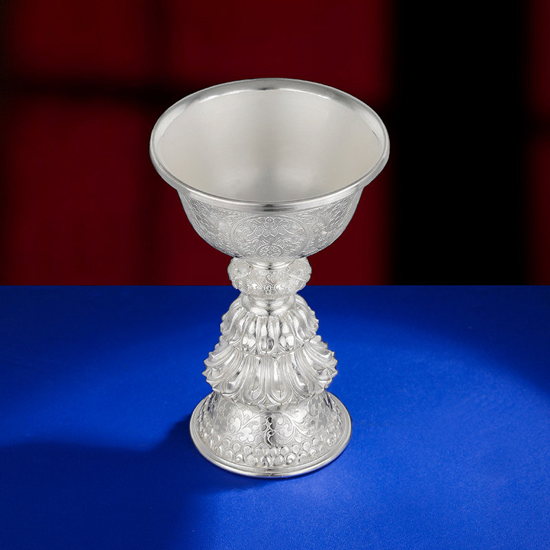 S990纯银酥油灯灯座藏式供灯手工八吉祥雕花纯银酥油灯座8cm