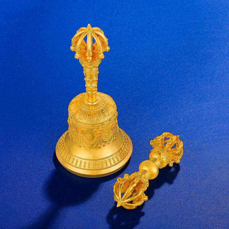 纯银镀金九股金刚杵家居供修随身铃铛金刚铃杵小号手摇铃高10.8cm