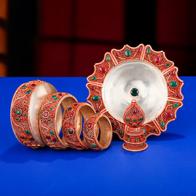 尼泊尔铜鎏银曼扎盘掐丝手工莲花盘家用供曼扎曼茶罗整套8cm