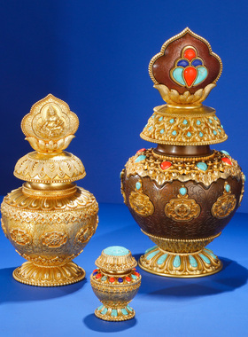 黄财神宝瓶摆件 西藏式黄铜摩尼宝瓶壶 慧宝八吉祥地藏龙王宝瓶