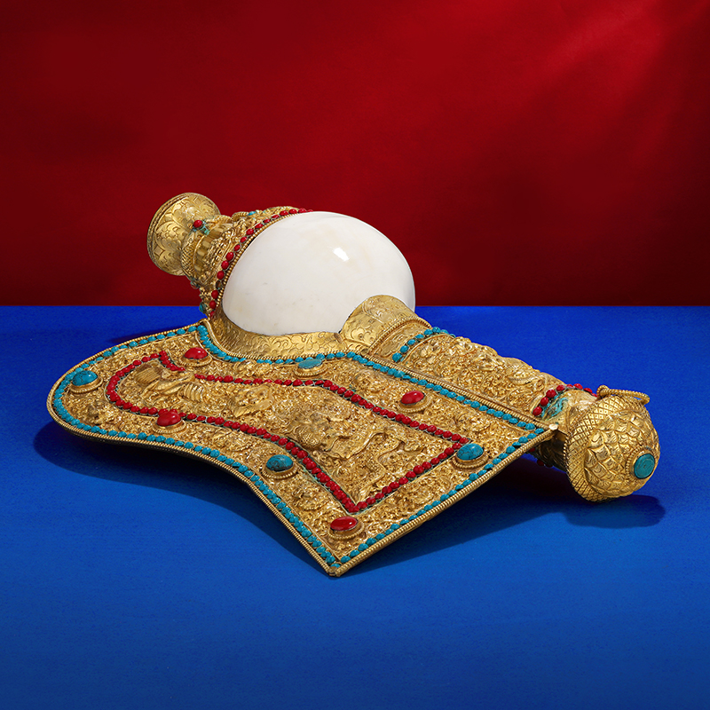 尼泊尔进口海螺铜鎏金手工龙凤海螺居家八供养室内家居摆件47cm