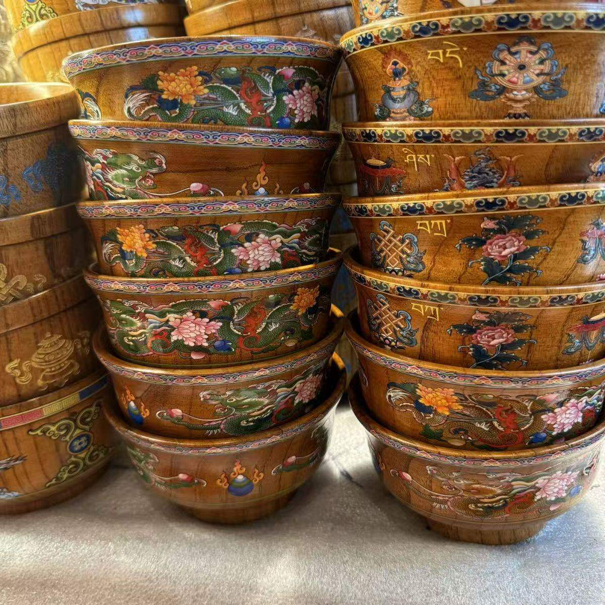 口径1m藏式3cm碗防烫碗奶茶碗彩绘藏族特民族风家用饭实木木15c色