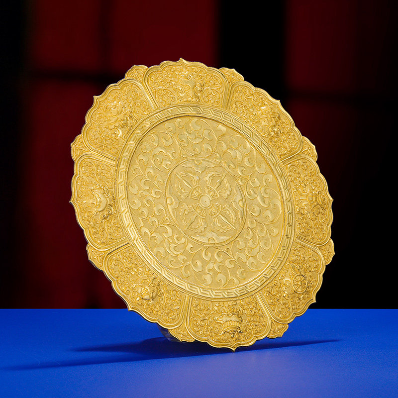 曼扎盘托盘S990纯银镀金手工八吉祥雕花供曼茶罗底盘大号15cm
