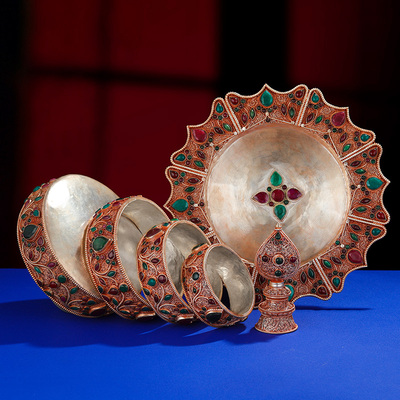尼泊尔掐丝曼扎盘全套莲花托盘曼扎曼茶盘铜鎏银曼茶罗整套15cm