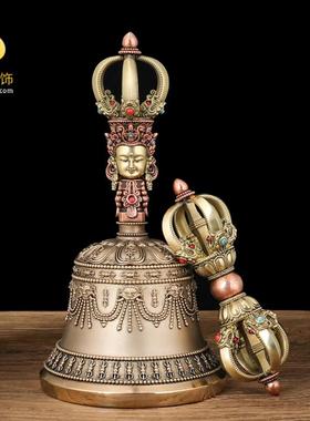 藏传金刚铃杵摆件黄铜铃铛西藏式五股九股金刚杵密宗法器供修摇铃