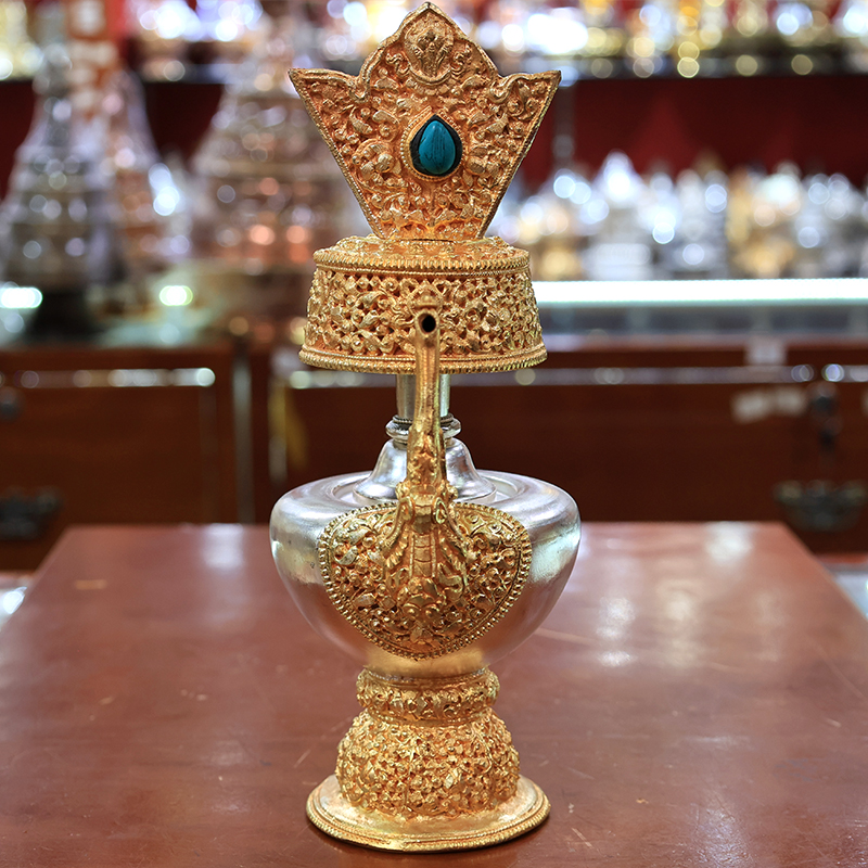 尼泊尔铜鎏金鎏银贲巴壶文巴壶净水壶藏式本巴壶家用供具净水瓶