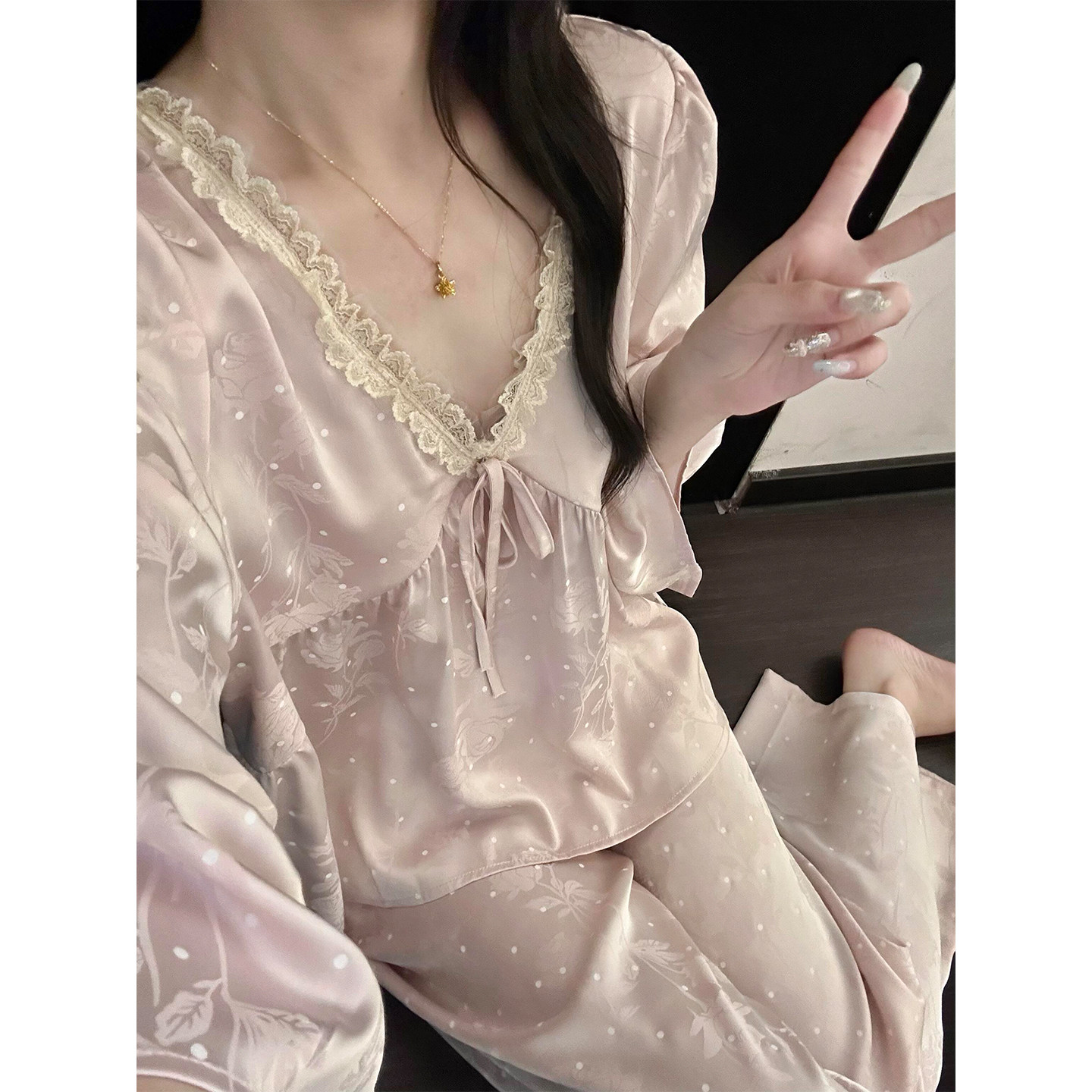 韩系蕾丝波点真丝睡衣女春秋季2026新款桑蚕丝长袖长裤家居服套装