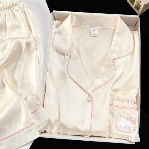 可爱KT猫真丝睡衣女款夏季翻领波点开衫高级感家居服送闺蜜礼盒装