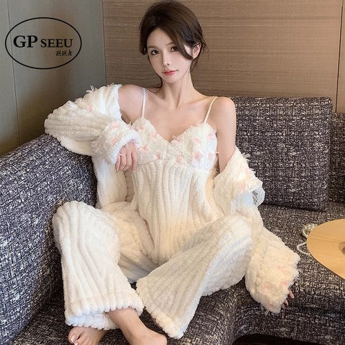 珊瑚绒睡衣女冬季吊带三件套大码