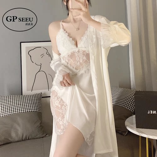 性感真丝吊带睡裙纯欲蕾丝两件套